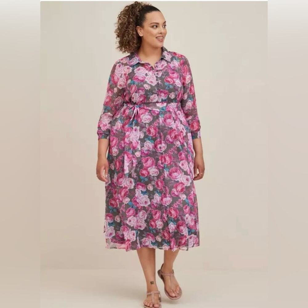 Torrid Pink Floral Maxi Woven Shirt Dress With Pockets - EUC - 2X